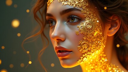 Fototapeta premium Golden Steampunk Goddess with Intricate Clockwork Design