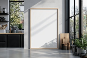 Fototapeta premium Mockup de moldura vertical em cozinha moderna com utensílios, plantas e decoração minimalista, criado com IA generativa para visualização de arte e design