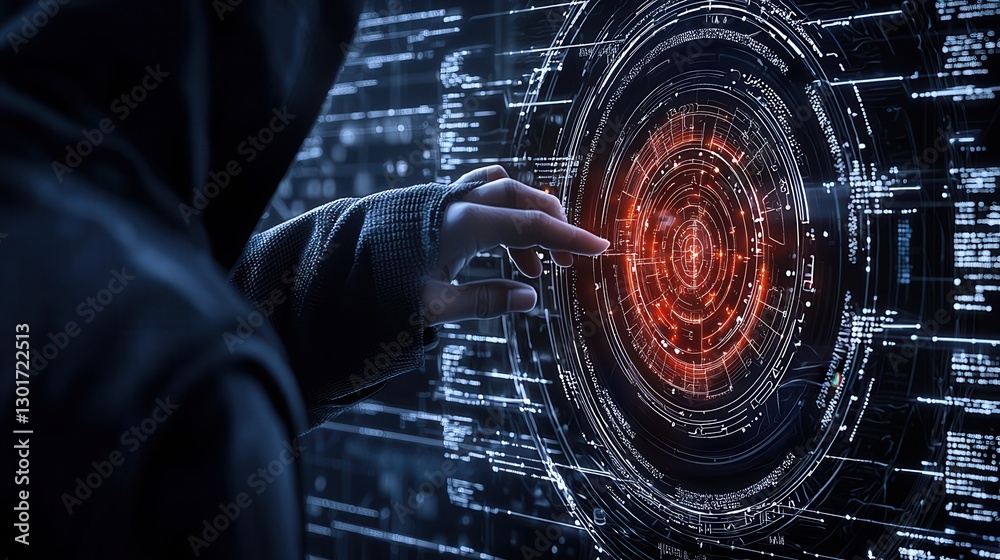 Poster mysterious hacker interacting with a futuristic holographic technology display a cyberpunk inspired 