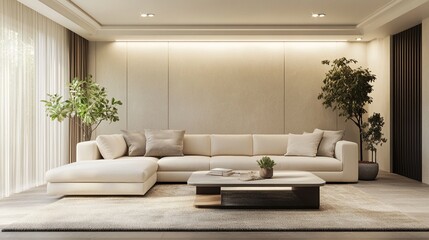 Fototapeta premium Elegant Contemporary Living Room Design with Plush Off-White Sofa, Soft Wool Rug, Minimalist Coffee Table, and Delicate Potted Plants in a Harmonious 3D Rendering