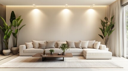 Fototapeta premium Discover the Elegance of Contemporary Living Room Design: Plush Off-White Sectional, Minimalist Accents, and Soothing Warm Lights for a Harmonious Home Environment