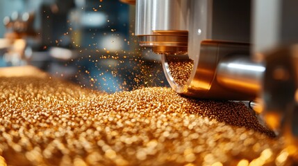Industrial machine processing golden grains with precision and speed