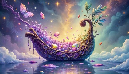 Fototapeta premium Enchanted Dream Boat with Magical Flora and Fauna