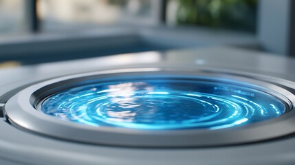 Futuristic blue interface, office background.  Technology concept
