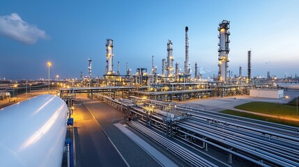 Nighttime view of an illuminated gas processing plant facility with towering storage tanks pipelines and under a glowing evening sky