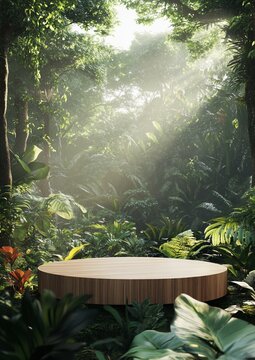 Explore the Serenity of a Floating Wooden Podium in a Lush Rainforest, Surrounded by Majestic Trees and Vibrant Tropical Plants - A Minimalist Eco-Friendly 3D Rendering Experience
