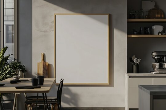 Mockup de moldura vertical em cozinha moderna com utens&iacute;lios, plantas e decora&ccedil;&atilde;o minimalista, criado com IA generativa para visualiza&ccedil;&atilde;o de arte e design