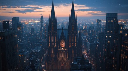 Fototapeta premium Night cityscape with illuminated gothic cathedral.