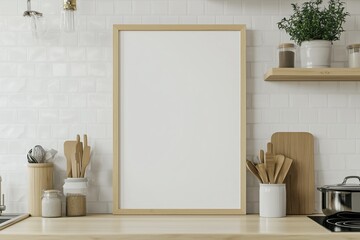 Mockup de moldura vertical em cozinha moderna com utensílios, plantas e decoração minimalista, criado com IA generativa para visualização de arte e design