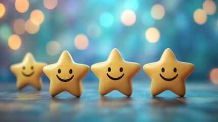 Fototapeta premium Smiling yellow star figurines on wooden surface with colorful bokeh background