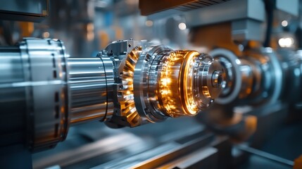 Fototapeta premium Advanced industrial machinery with illuminated rotating components in factory