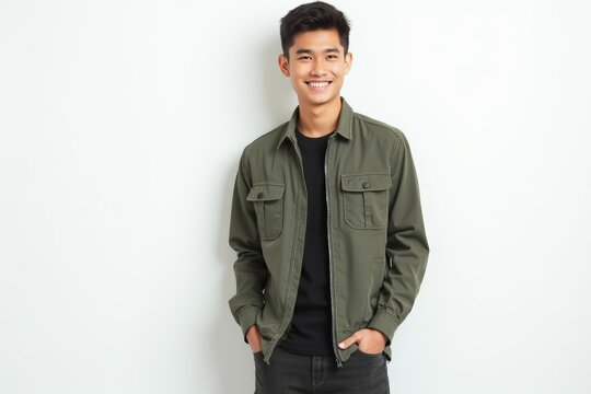 Half-Length (Waist-Up) portrait of young stylish smiling Bruneian male model in emo wear isolated on pure white background looking at camera