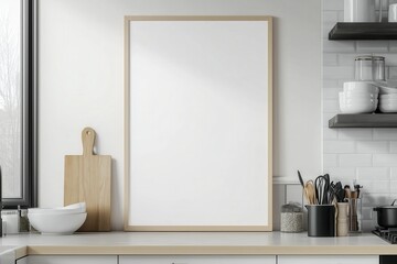 Fototapeta premium Mockup de moldura vertical em cozinha moderna com utensílios, plantas e decoração minimalista, criado com IA generativa para visualização de arte e design