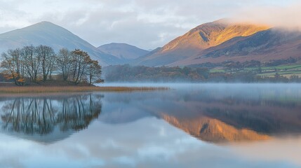 Fototapeta premium Misty lake reflecting golden sunrise mountains.