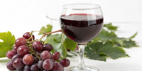 Glass of red wine and grapes isolated on white background from side view