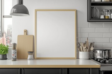 Mockup de moldura vertical em cozinha moderna com utensílios, plantas e decoração minimalista, criado com IA generativa para visualização de arte e design