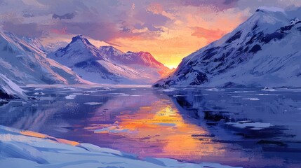 Obraz premium Sunset over a serene, snow-capped mountain range reflecting in a frozen lake.