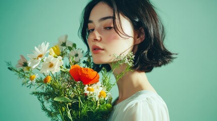 Vibrant Joy: Young Woman Holding a Colorful Bouquet of Wildflowers with Daisies and Poppies Against a Soft Bokeh Background - High-Resolution Fashion Photography in Sage Green