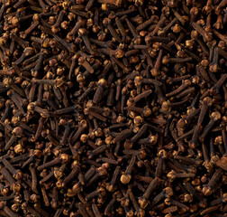 cloves spice, top view. Flat design. Macro spice background a cloves spice.