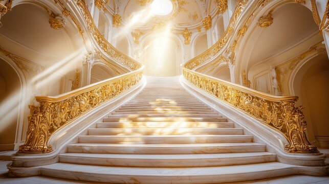 Grand staircase in a sunlit opulent palace.