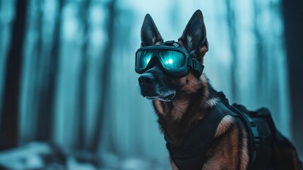 German Shepherd dog, tactical gear, forest, night vision