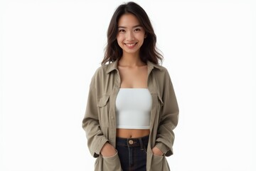 Half-Length (Waist-Up) portrait of young stylish smiling Bruneian female model in hipster wear isolated on pure white background looking at camera