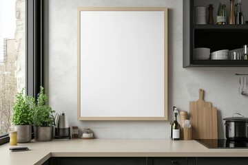 Mockup de moldura vertical em cozinha moderna com utensílios, plantas e decoração minimalista, criado com IA generativa para visualização de arte e design