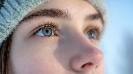 Girl's blue eyes, winter, outdoors, hopeful gaze
