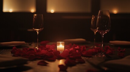 Romantic Candlelit Dining with Scattered Petals