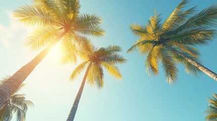 Tropical Paradise: Ultra-Realistic 3D Rendering of Palm Trees Bathed in Golden Sunlight Against a Clear Blue Sky, Perfect for Summer Designs and Copy Space - 16:9 Perspective
