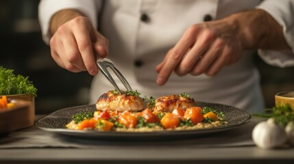 Culinary creation chef preparing gourmet dish in restaurant kitchen food photography elegant atmosphere close-up view fine dining experience