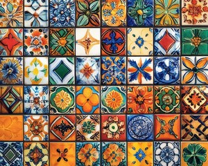 Pattern of multicolored ceramic tiles with various geometric and floral designs, creating a vibrant decorative surface.