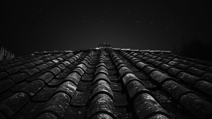 Night sky above rustic tile roof with stars in dramatic black and white