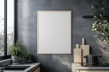 Mockup de moldura vertical em cozinha moderna com utensílios, plantas e decoração minimalista, criado com IA generativa para visualização de arte e design