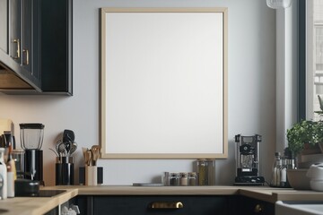 Mockup de moldura vertical em cozinha moderna com utensílios, plantas e decoração minimalista, criado com IA generativa para visualização de arte e design