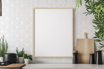 Mockup de moldura vertical em cozinha moderna com utensílios, plantas e decoração minimalista, criado com IA generativa para visualização de arte e design