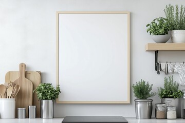 Mockup de moldura vertical em cozinha moderna com utensílios, plantas e decoração minimalista, criado com IA generativa para visualização de arte e design