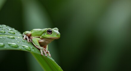 Fototapeta premium Green frog perched on a dewy leaf, radiating tranquility and curiosity in its natural habitat surrounded by lush greenery