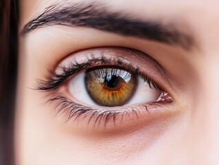 Obraz premium Hazel eye close up, capturing intricate iris details, light reflecting across delicate skin texture, revealing natural beauty and depth