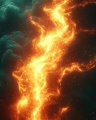 Fiery stream of molten lava flowing through a dark, smoky atmosphere, creating a dramatic scene