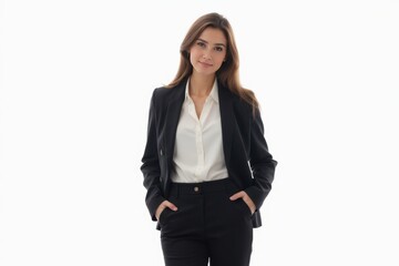Obraz premium Half-Length (Waist-Up) portrait of young stylish smiling Bulgarian female model in formal wear isolated on pure white background looking at camera