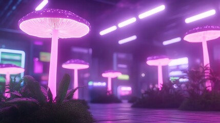 Glowing mushrooms in neon futuristic room
