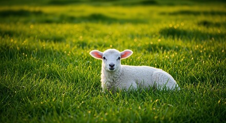 Lamb resting peacefully in lush green grass during golden hour