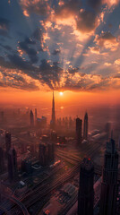 Golden Dusk over Sprawling Cityscape: An Aerial View into Urban Architectural Charm
