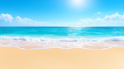 Fototapeta premium A serene beach setting features soft waves lapping against golden sand, with a vibrant blue sky overhead. Sunlight sparkles on the water, creating a tranquil atmosphere ideal for relaxation
