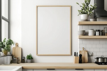 Mockup de moldura vertical em cozinha moderna com utensílios, plantas e decoração minimalista, criado com IA generativa para visualização de arte e design