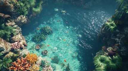 Fototapeta premium Diving into vibrant coral reef high altitude aerial photography tropical ocean bird's eye view marine life