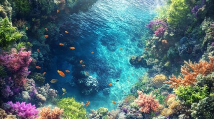 Naklejka premium Aerial exploration of a colorful coral reef underwater paradise nature photography tropical waters high-altitude view marine ecosystem