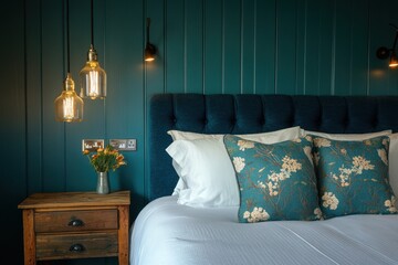 Teal bedroom with velvet headboard, pendant lights, and floral pillows.