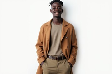 Obraz premium Half-Length (Waist-Up) portrait of young stylish smiling BurkinabÃ© male model in vintage wear isolated on pure white background looking at camera